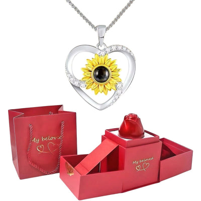 Girasol Megan - Collar te Amo en 100 idiomas Plata 925 en caja de rosa ascendente