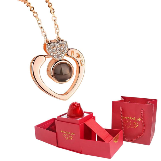 HotRose™ Conjunto con collar “te amo en 100 idiomas” en caja de rosa ascendente