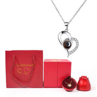 HotRose Deluxe Plata 925™ Conjunto con collar “te amo en 100 idiomas” en caja de rosa ascendente