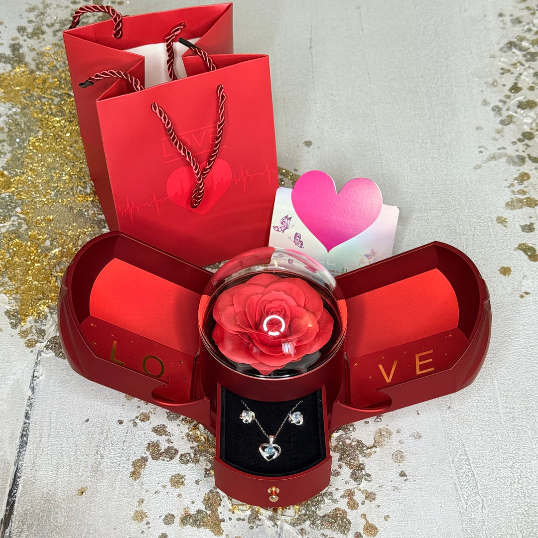 Glacial Glamour Rose Love™ Collar y aros de plata 925 con circón en Caja Love con Rosa Eterna