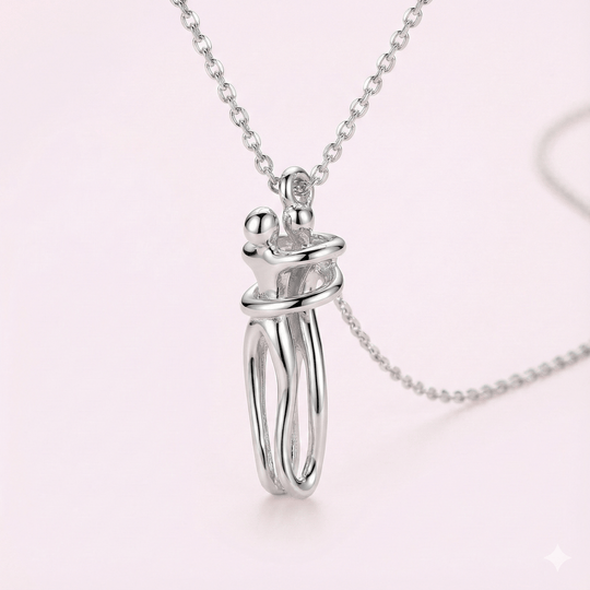 Abrazo eterno BlueBox - collar bicolor de plata 925 con colgante de pareja abrazada con caja de rosa azul giratoria - Podios