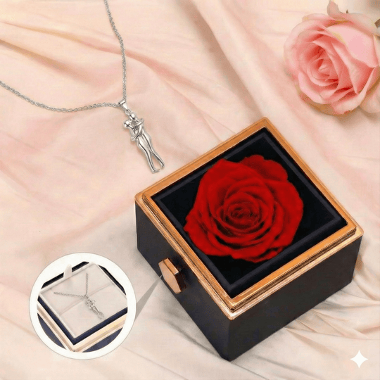 Abrazo eterno BlueBox - collar bicolor de plata 925 con colgante de pareja abrazada con caja de rosa azul giratoria - Podios