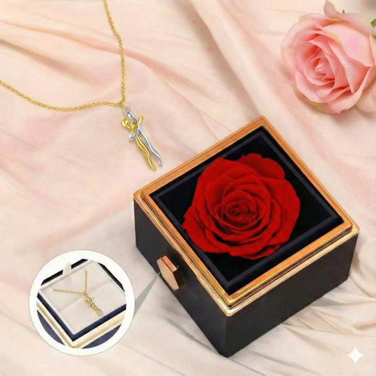 Abrazo eterno BlueBox - collar bicolor de plata 925 con colgante de pareja abrazada con caja de rosa azul giratoria - Podios