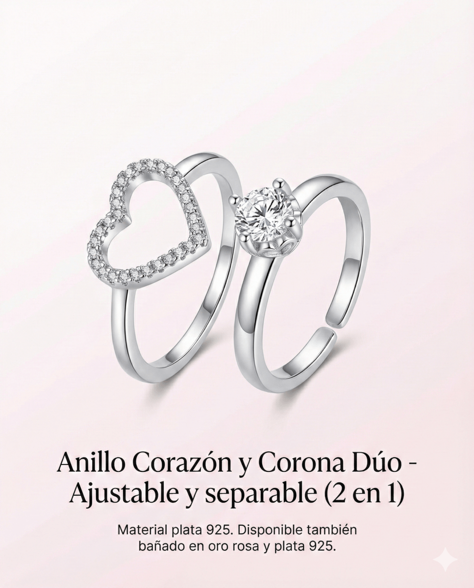 Anillo Corazón y Corona Dúo - ajustable y separable (2 en 1) - Podios
