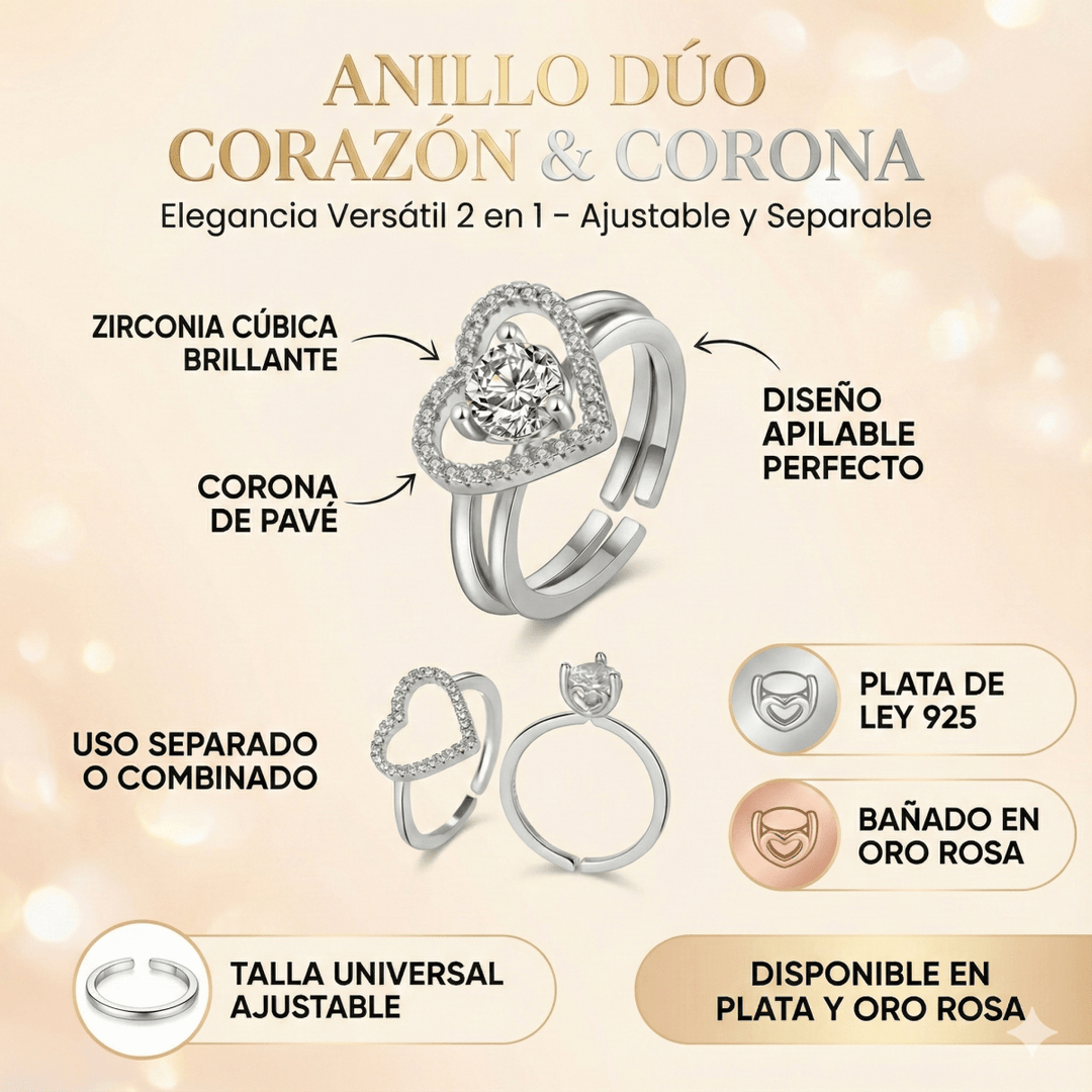 Anillo Corazón y Corona Dúo - ajustable y separable (2 en 1) - Podios