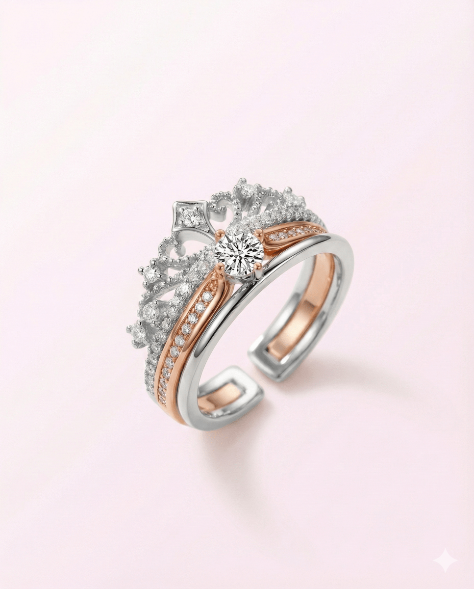 Anillo Corona Real Dúo - Anillo ajustable bañado en plata 925 y oro rosa - Podios