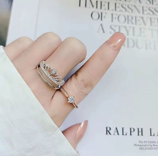 Anillo Corona Real Dúo - Anillo ajustable bañado en plata 925 y oro rosa - Podios