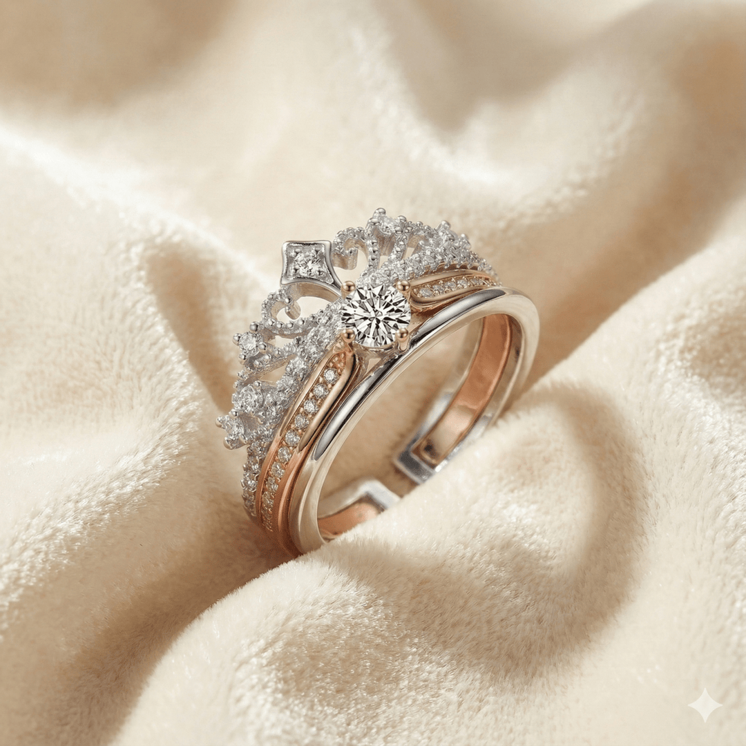 Anillo Corona Real Dúo - Anillo ajustable bañado en plata 925 y oro rosa - Podios