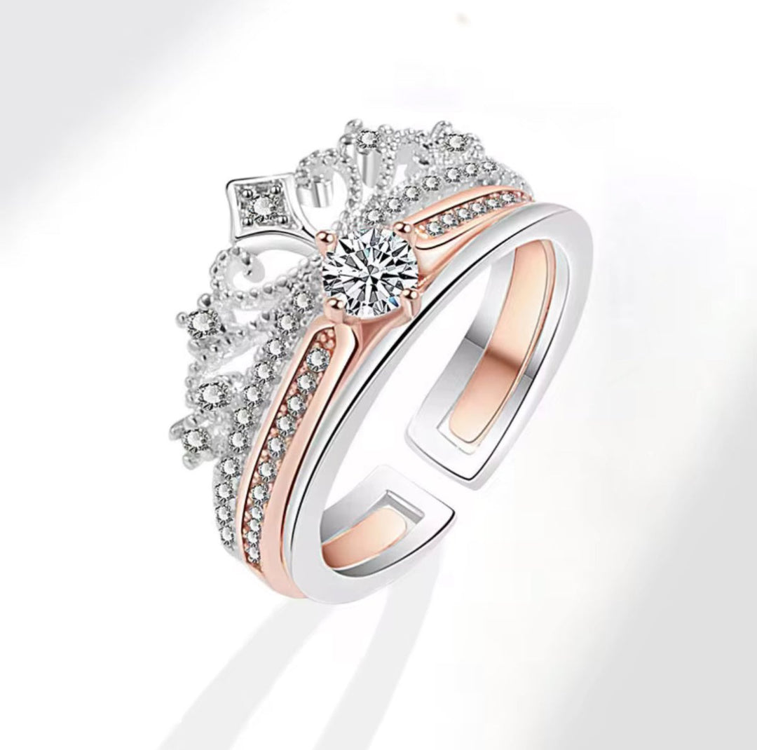 Anillo Corona Real Dúo - Anillo ajustable bañado en plata 925 y oro rosa - Podios