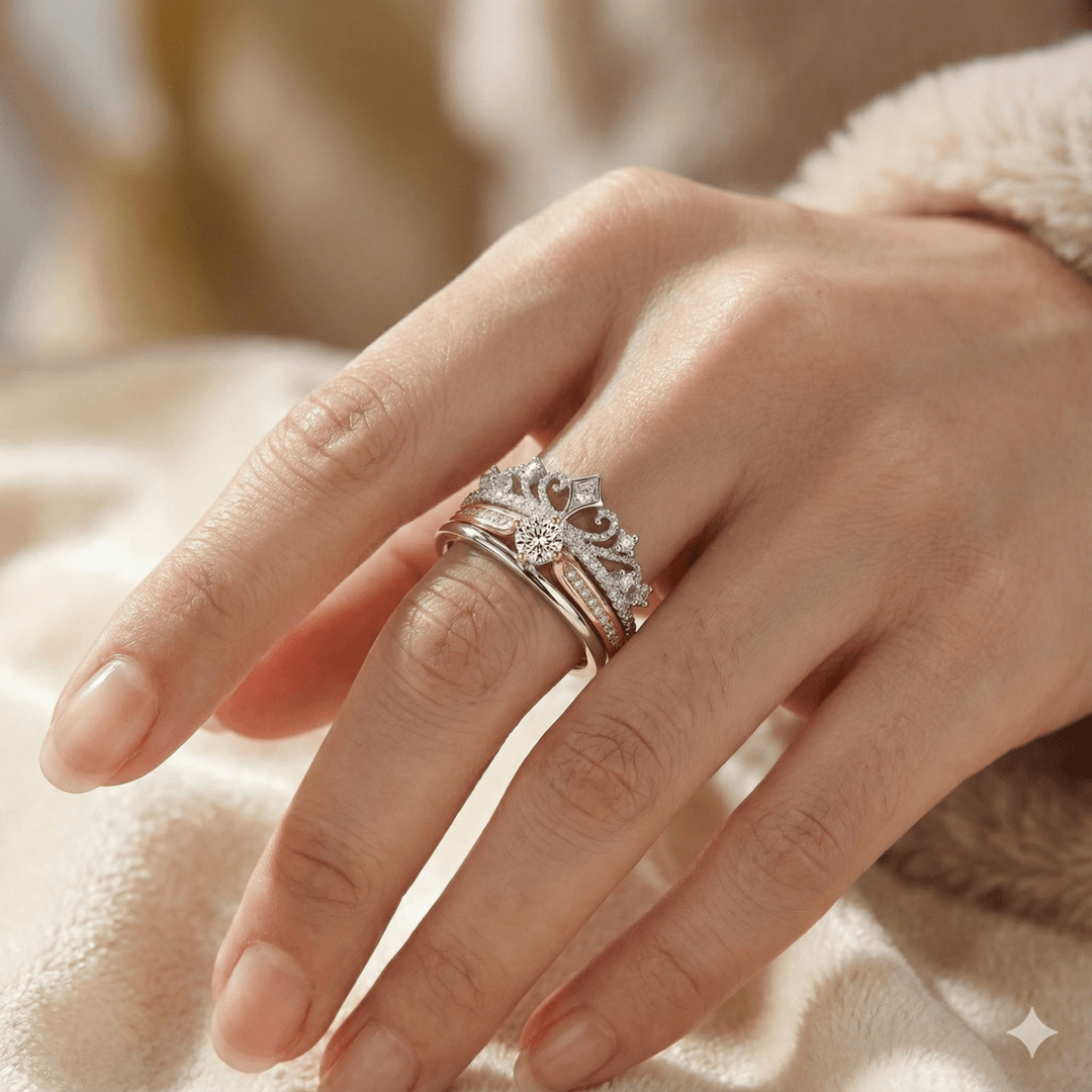 Anillo Corona Real Dúo - Anillo ajustable bañado en plata 925 y oro rosa - Podios