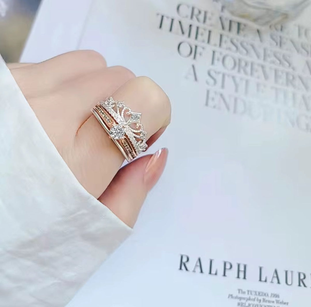 Anillo Corona Real Dúo - Anillo ajustable bañado en plata 925 y oro rosa - Podios