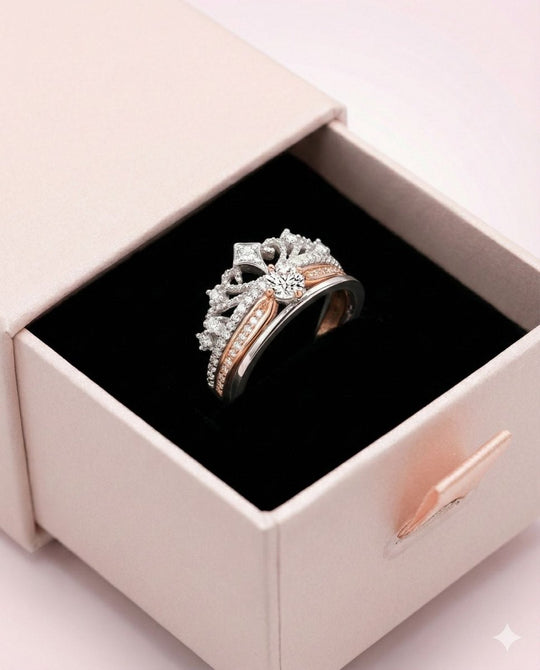 Anillo Corona Real Dúo - Anillo ajustable bañado en plata 925 y oro rosa - Podios