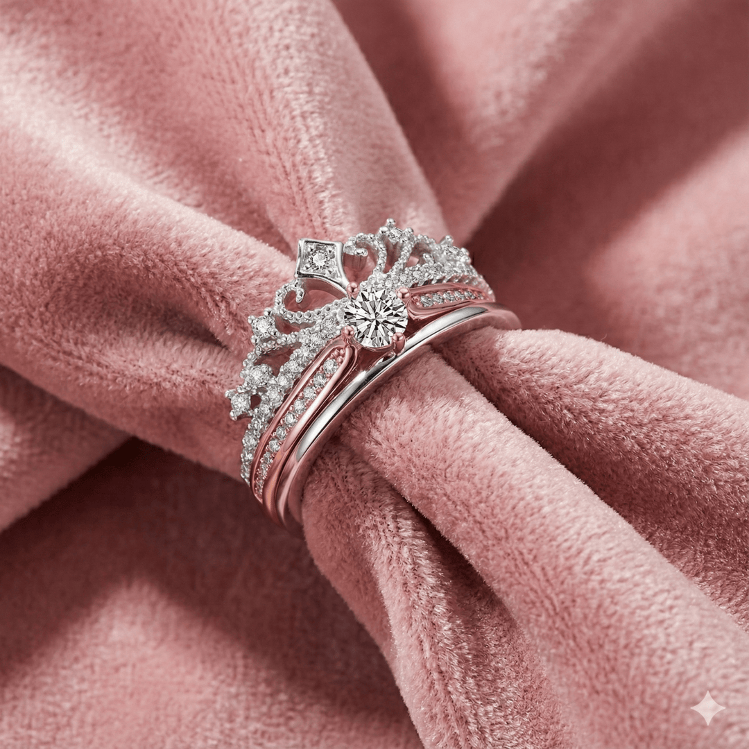 Anillo Corona Real Dúo - Anillo ajustable bañado en plata 925 y oro rosa - Podios