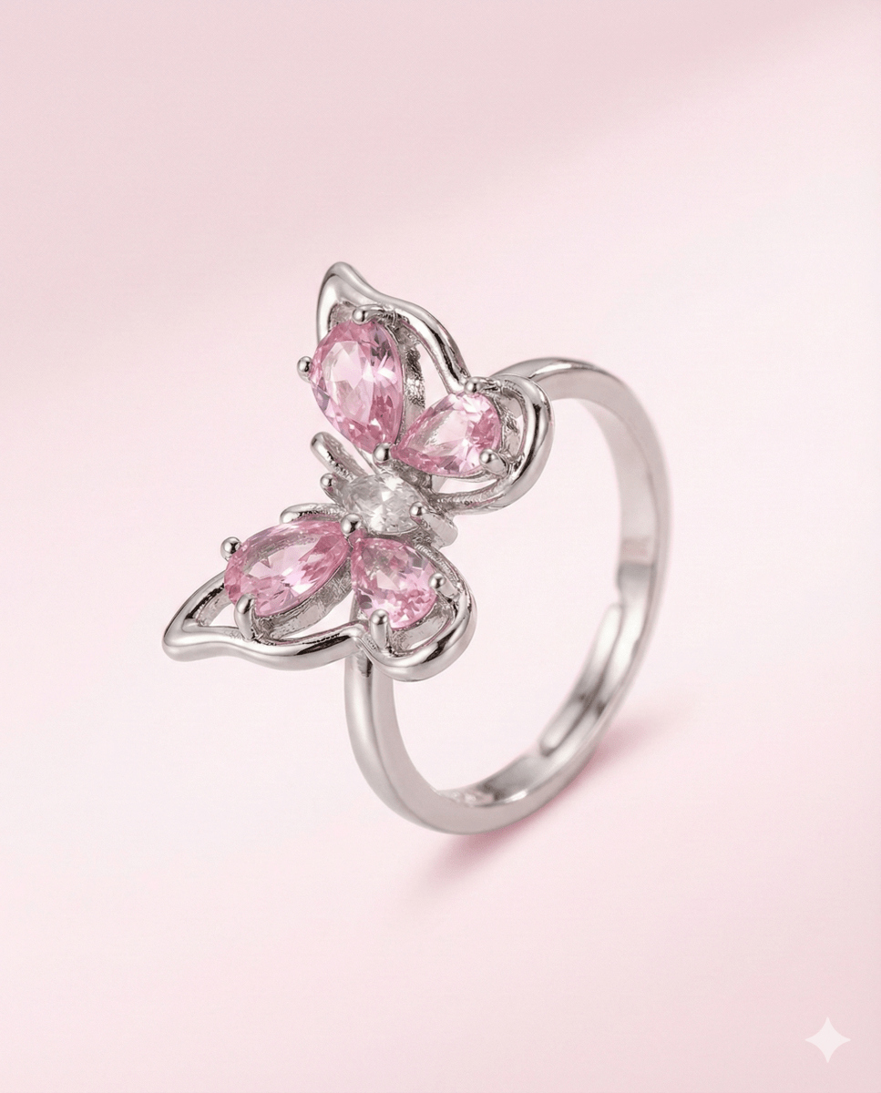 Butterfly Romance - anillo enchapado en plata con mariposa de cristales rosa - Podios