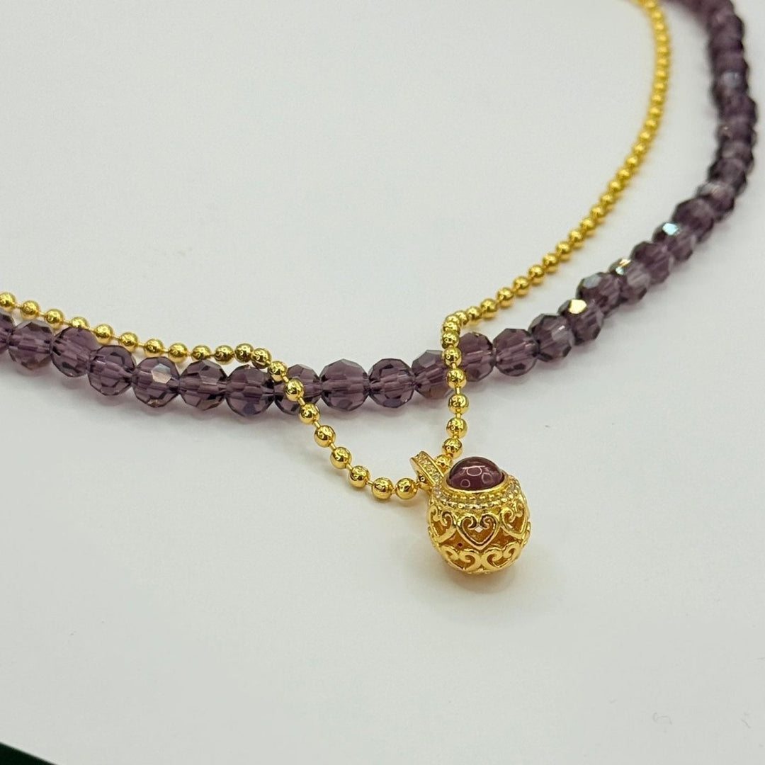 Collar Doble Violet Heart - Cristales violetas y cadena bañada en oro de 18K - Podios