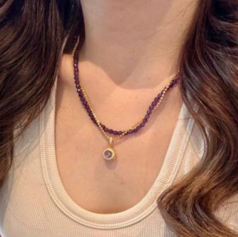 Collar Doble Violet Heart - Cristales violetas y cadena bañada en oro de 18K - Podios