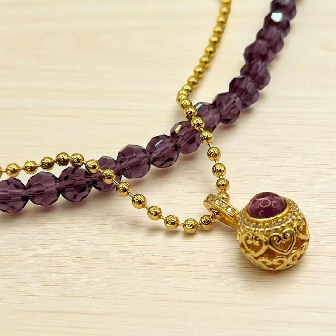 Collar Doble Violet Heart - Cristales violetas y cadena bañada en oro de 18K - Podios