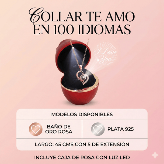 Collar te amo en 100 idiomas en caja de rosa LED - Podios