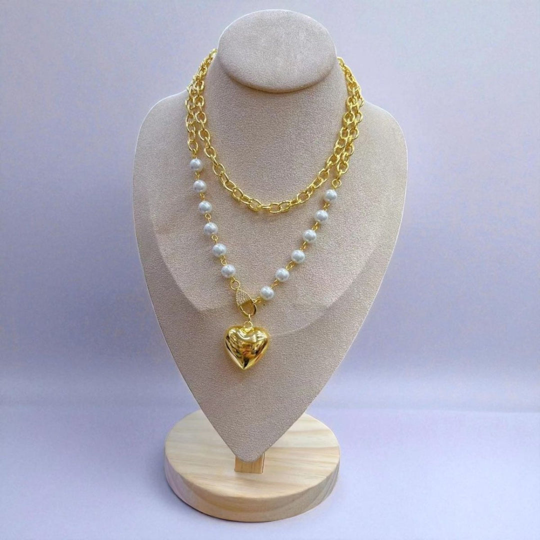 Corazón Doble Encanto - Collar Doble Corazón con Perlas – Enchapado en Oro - Podios