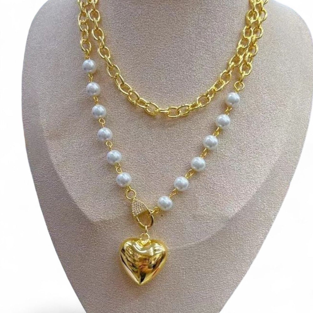 Corazón Doble Encanto - Collar Doble Corazón con Perlas – Enchapado en Oro - Podios