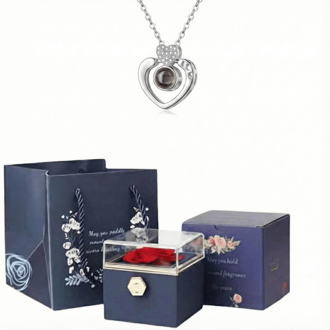 Corazón Doble Plata 925 BlueBox™: Regalo especial incluye collar, rosa de terciopelo y caja rotatoria - Podios