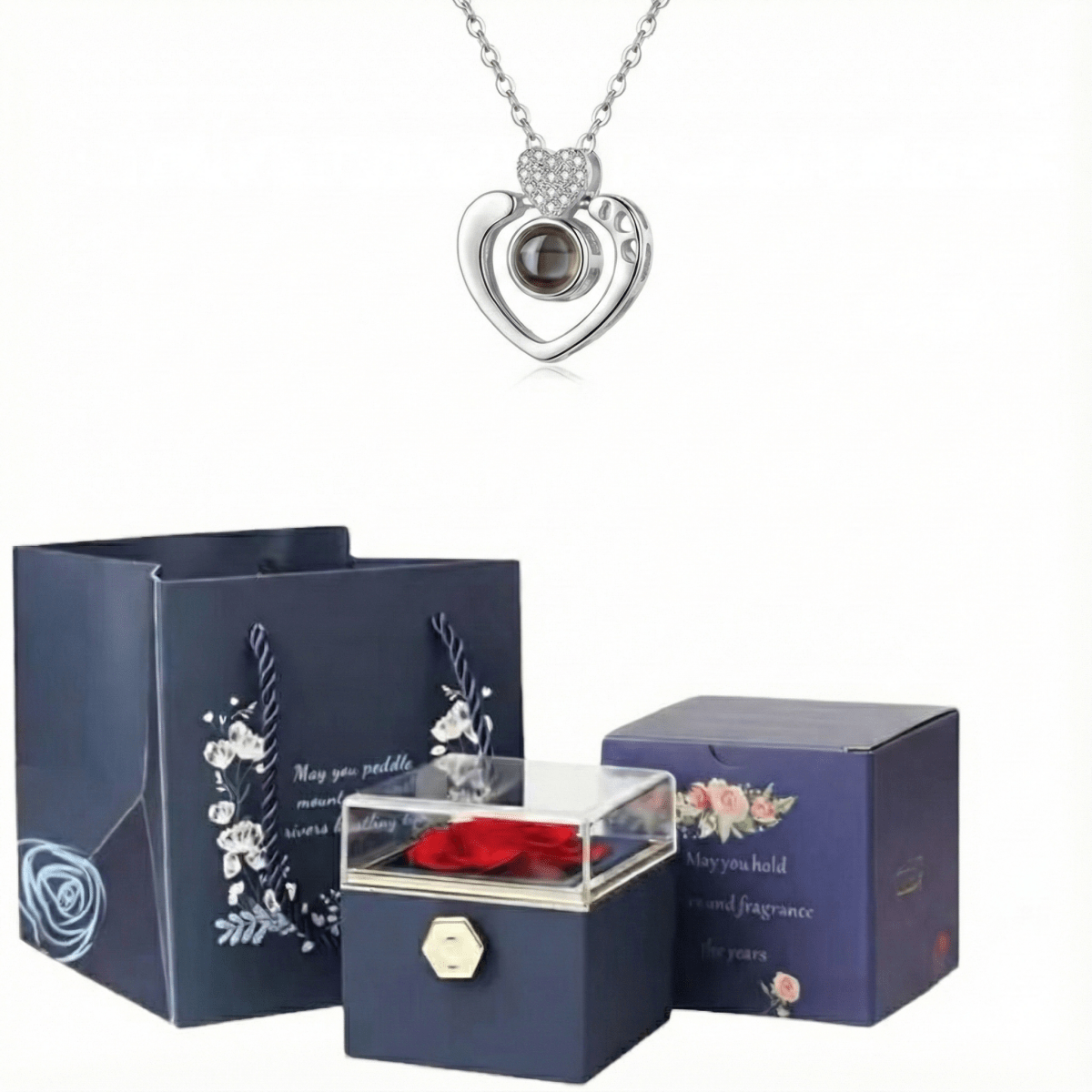 Corazón Doble Plata 925 BlueBox™: Regalo especial incluye collar, rosa de terciopelo y caja rotatoria - Podios