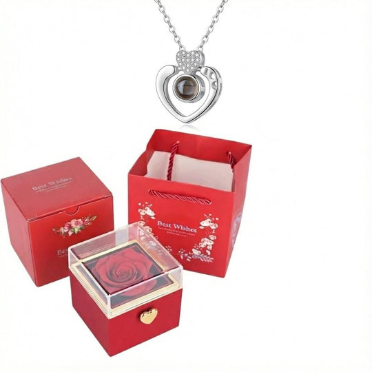 Corazón Doble Plata 925 RedBox™: Regalo especial incluye collar, rosa de terciopelo y caja rotatoria - Podios