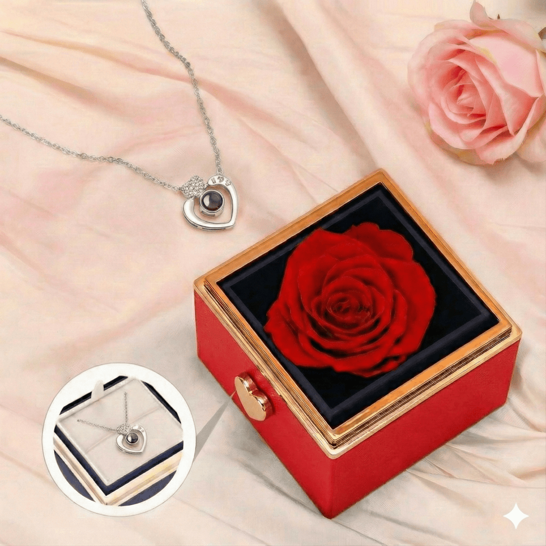 Corazón Doble Plata 925 RedBox™: Regalo especial incluye collar, rosa de terciopelo y caja rotatoria - Podios