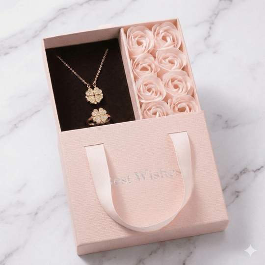 Eternal LUCKY 4you™ Collar y anillo de trébol acero inoxidable en caja de rosas - Podios