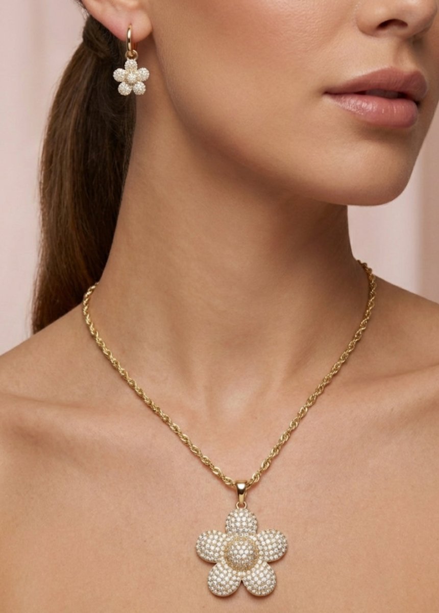 Flores y amores™ Conjunto de collar y aros enchapado en oro 18k - Podios