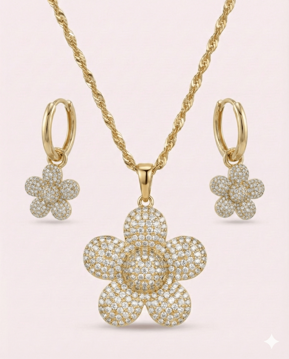Flores y amores™ Conjunto de collar y aros enchapado en oro 18k - Podios