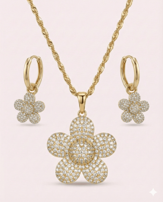 Flores y amores™ Conjunto de collar y aros enchapado en oro 18k - Podios