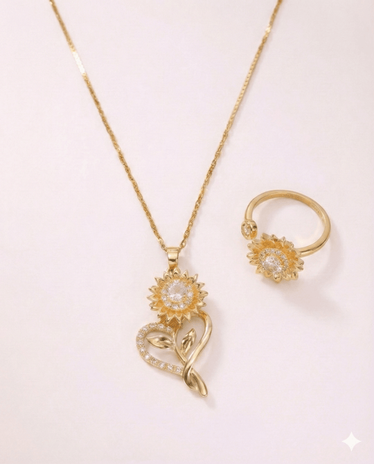 Girasol Heart Duo™ Anillo y Collar antiestrés de girasol giratorio bañado en oro 14k - Podios