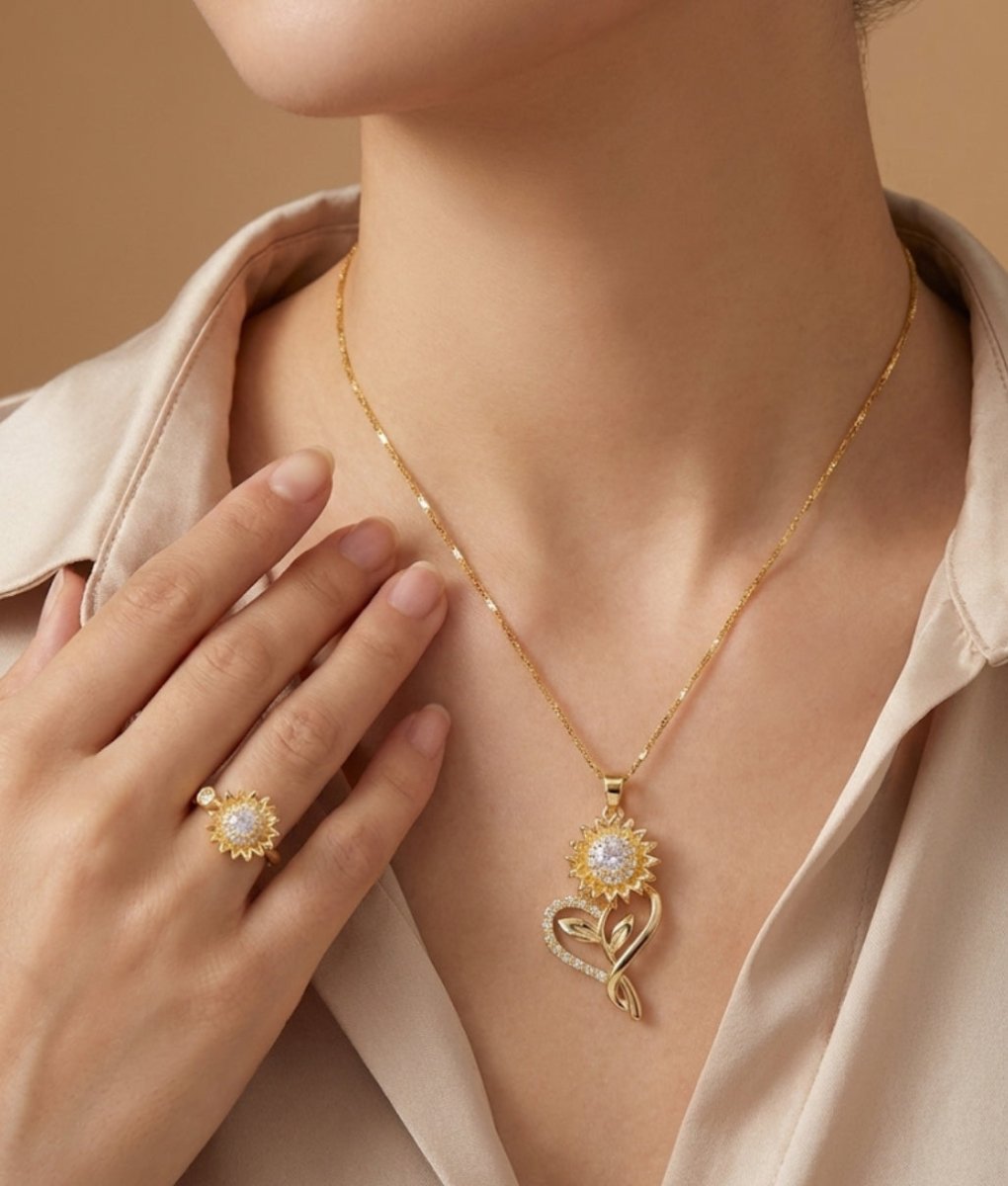 Girasol Heart Duo™ Anillo y Collar antiestrés de girasol giratorio bañado en oro 14k - Podios