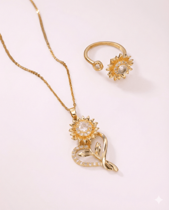 Girasol Heart Duo™ Anillo y Collar antiestrés de girasol giratorio bañado en oro 14k - Podios