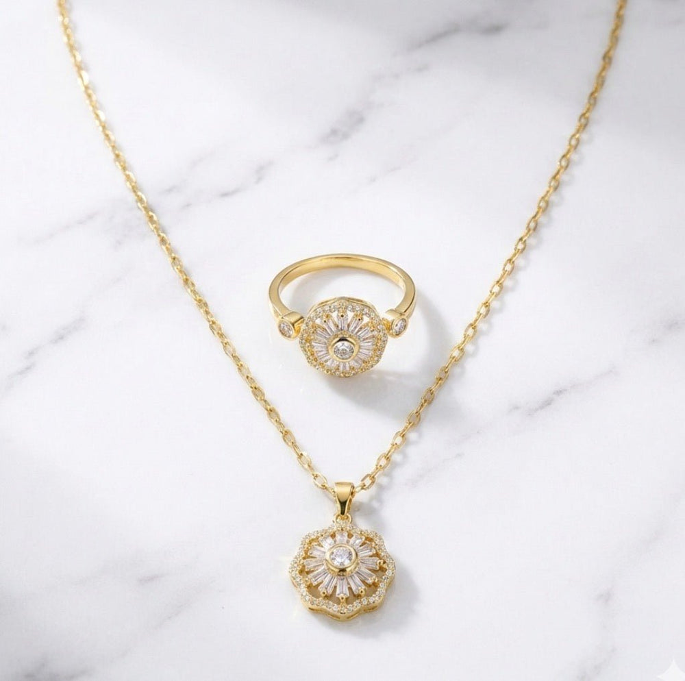 GiraSun 4you - Set giratorio de collar y anillo de sol crisantemo bañado en oro 14k - Podios