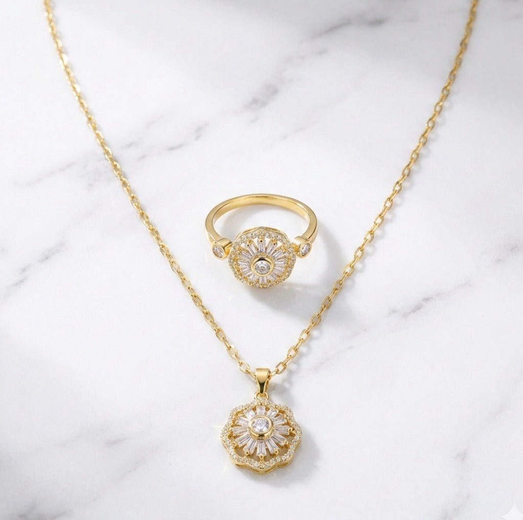 GiraSun 4you - Set giratorio de collar y anillo de sol crisantemo bañado en oro 14k - Podios