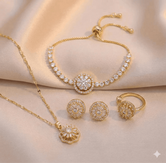 GiraSun - Set de anillo, pulsera, aros y collar giratorio de sol crisantemo - bañado en oro 14k - Podios