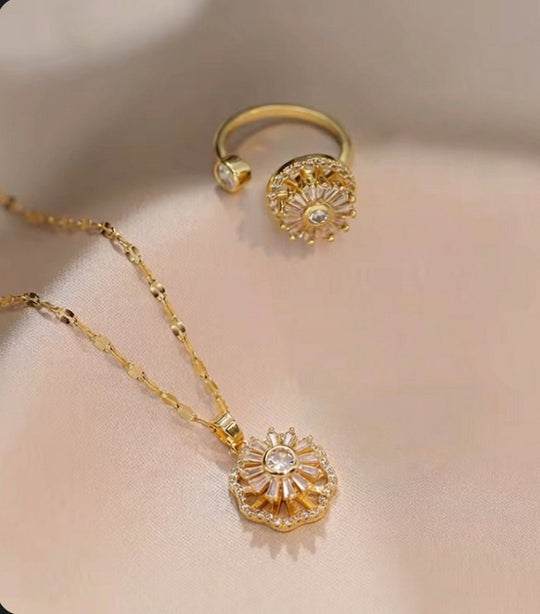 GiraSun - Set de anillo, pulsera, aros y collar giratorio de sol crisantemo - bañado en oro 14k - Podios