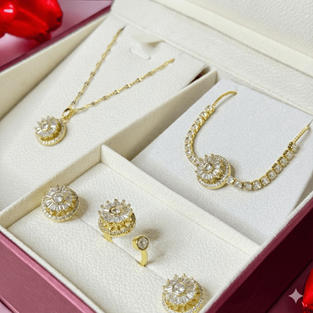 GiraSun - Set de anillo, pulsera, aros y collar giratorio de sol crisantemo - bañado en oro 14k - Podios