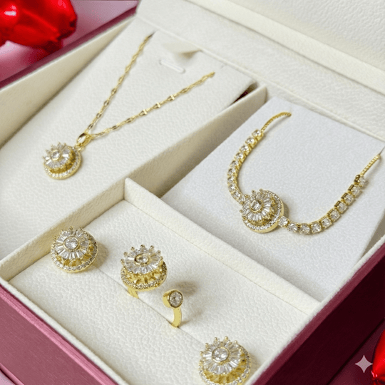 GiraSun - Set de anillo, pulsera, aros y collar giratorio de sol crisantemo - bañado en oro 14k - Podios