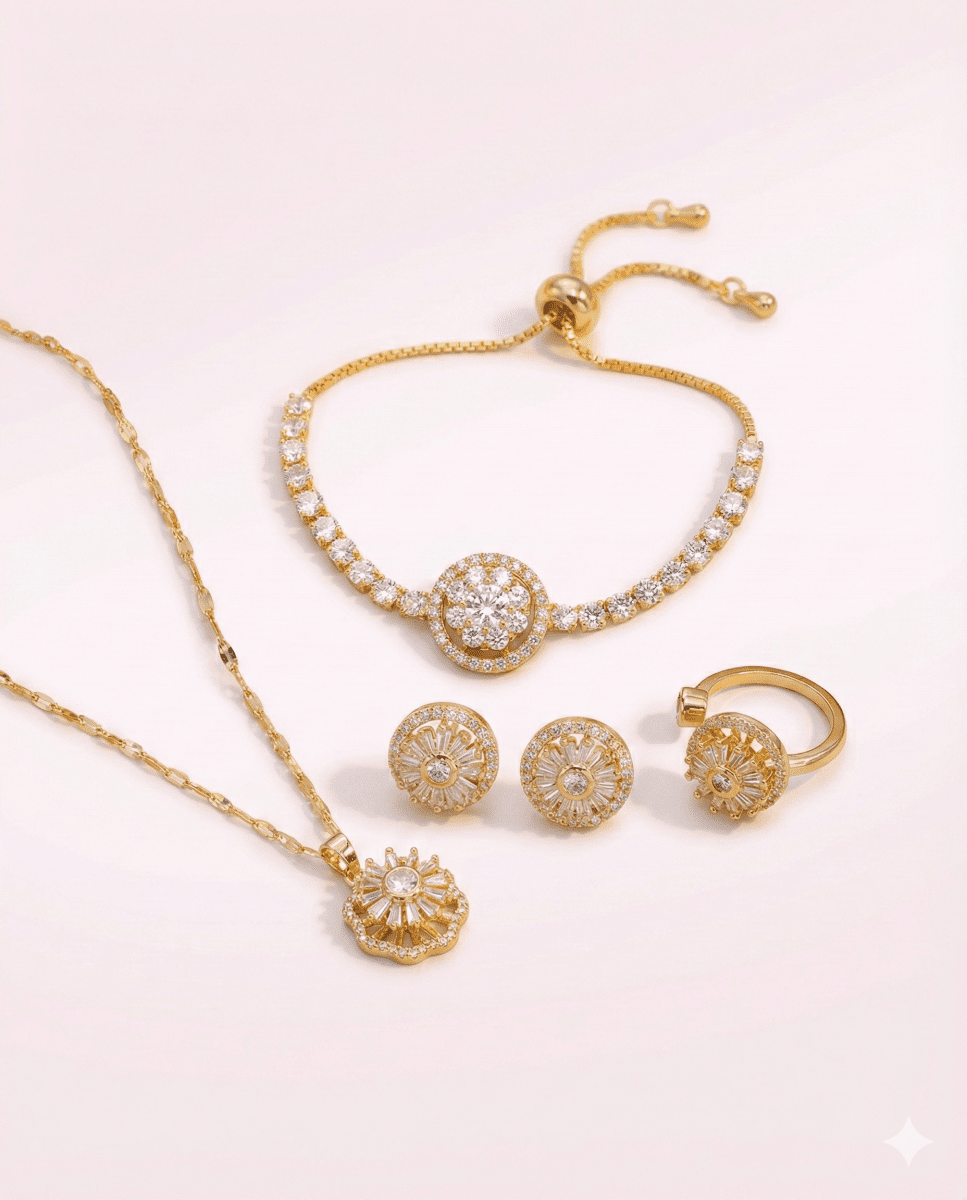 GiraSun - Set de anillo, pulsera, aros y collar giratorio de sol crisantemo - bañado en oro 14k - Podios