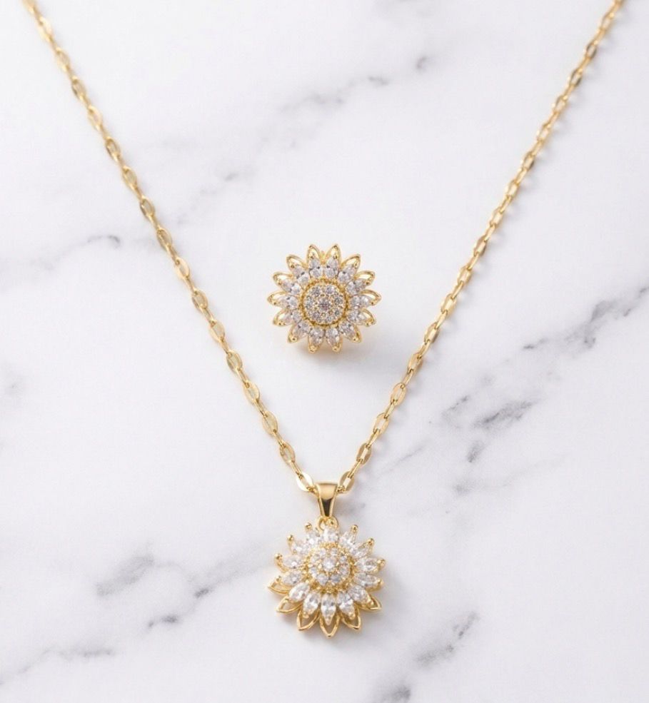 GiraTwin 4you™ collar y anillo de girasoles giratorios bañados oro 14k en caja de rosas - Podios