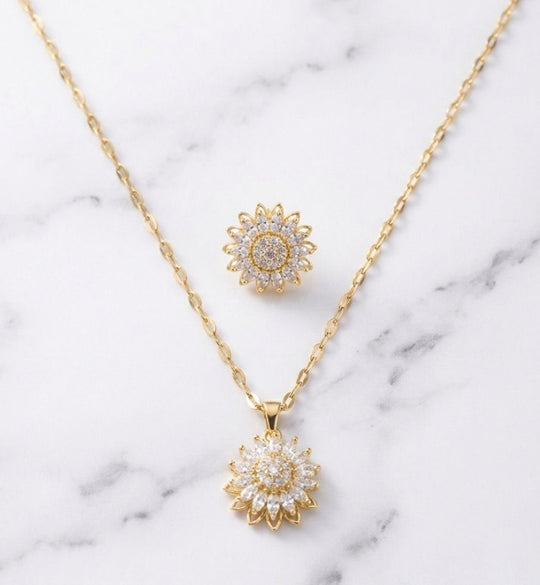 GiraTwin 4you™ collar y anillo de girasoles giratorios bañados oro 14k en caja de rosas - Podios