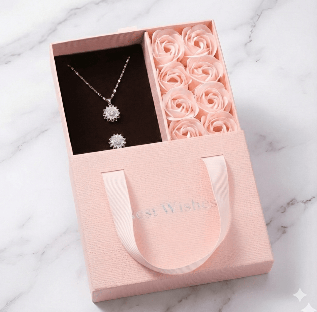 GiraTwin 4you™ collar y anillo de girasoles giratorios bañados oro 14k en caja de rosas - Podios