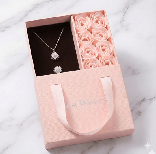 GiraTwin 4you™ collar y anillo de girasoles giratorios bañados oro 14k en caja de rosas - Podios