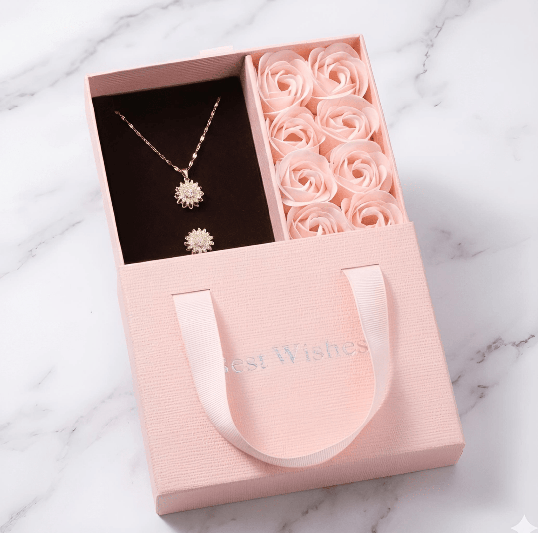 GiraTwin 4you™ collar y anillo de girasoles giratorios bañados oro 14k en caja de rosas - Podios