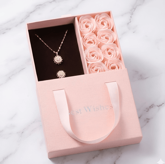 GiraTwin 4you™ collar y anillo de girasoles giratorios bañados oro 14k en caja de rosas - Podios