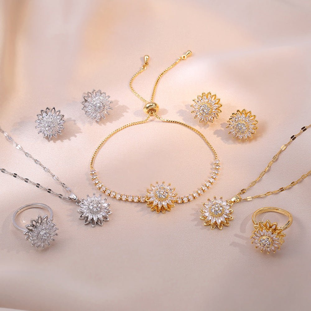 GiraTwin4x™ Multiset de anillo aros collar y pulsera de girasoles giratorios - Podios