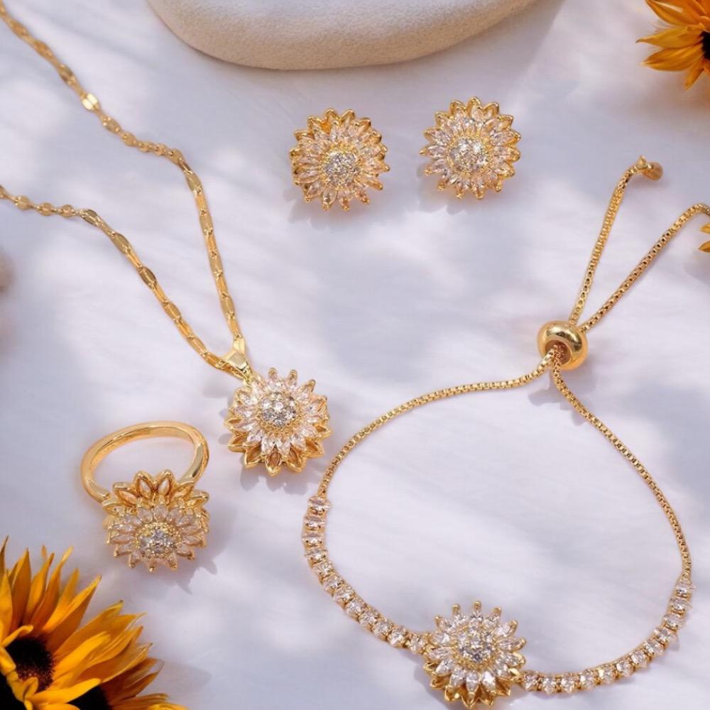 GiraTwin4x™ Multiset de anillo aros collar y pulsera de girasoles giratorios - Podios